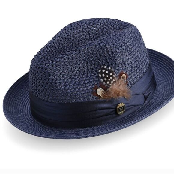 MONTIQUE MEN'S NAVY COLOR PINCH BRAIDED FEDORA WITH MATCHING SATIN RIBBON. H34 - Picture 1 of 2